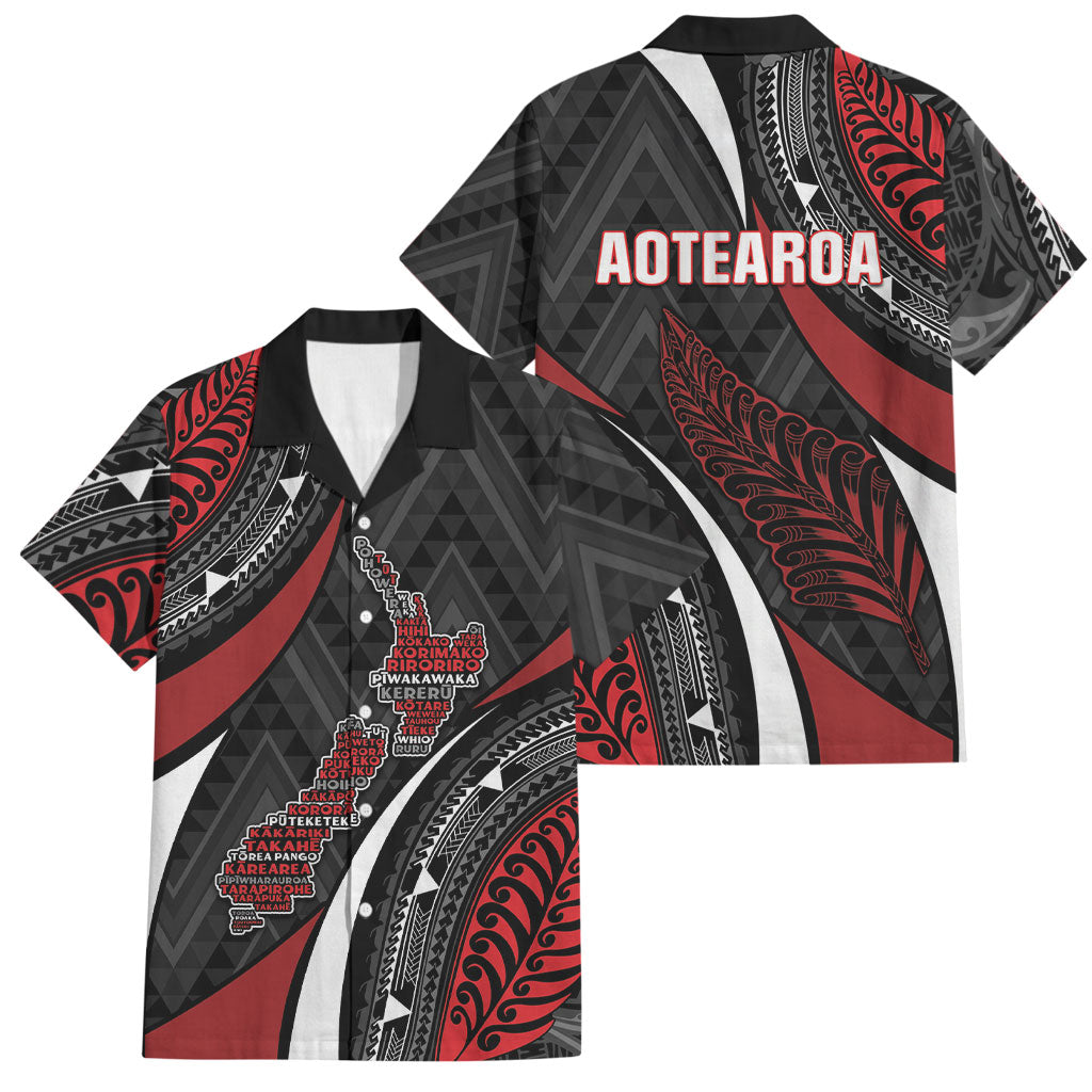 Aotearoa New Zealand Native Birds Map Family Matching Mermaid Dress and Hawaiian Shirt Silver Fern Tribal Pattern DT05 Dad's Shirt - Short Sleeve Red - Polynesian Pride