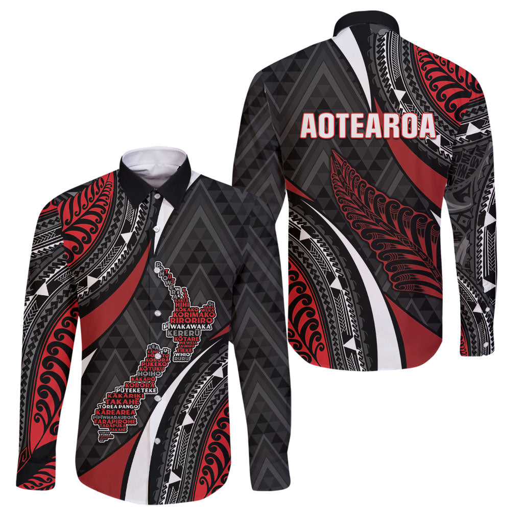 Aotearoa New Zealand Native Birds Map Family Matching Mermaid Dress and Hawaiian Shirt Silver Fern Tribal Pattern DT05 Dad's Shirt - Long Sleeve Red - Polynesian Pride