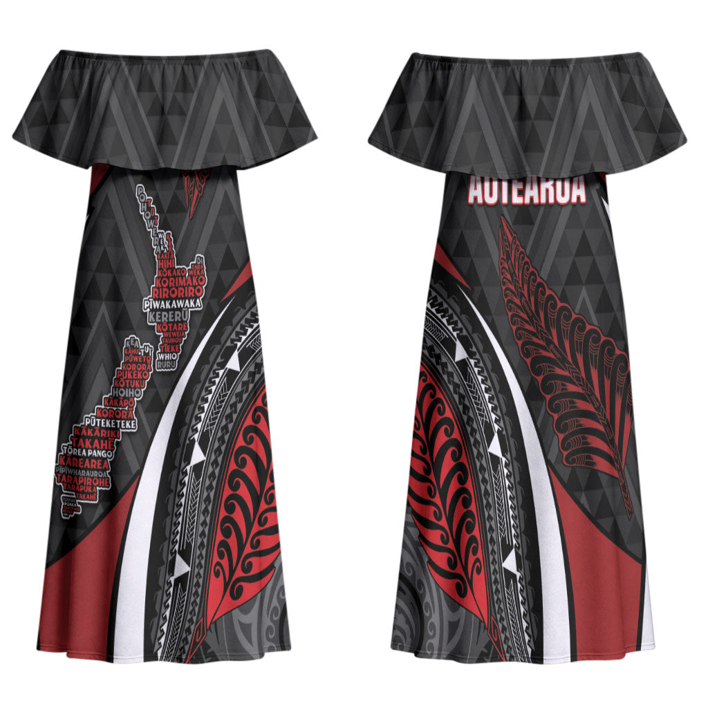 Aotearoa New Zealand Native Birds Map Family Matching Off Shoulder Maxi Dress and Hawaiian Shirt Silver Fern Tribal Pattern DT05 Mom's Dress Red - Polynesian Pride