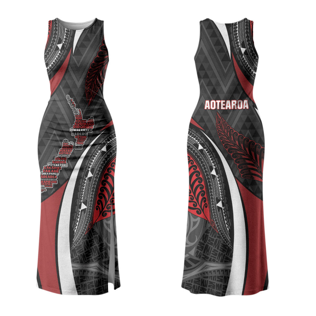 Aotearoa New Zealand Native Birds Map Family Matching Tank Maxi Dress and Hawaiian Shirt Silver Fern Tribal Pattern DT05 Mom's Dress Red - Polynesian Pride