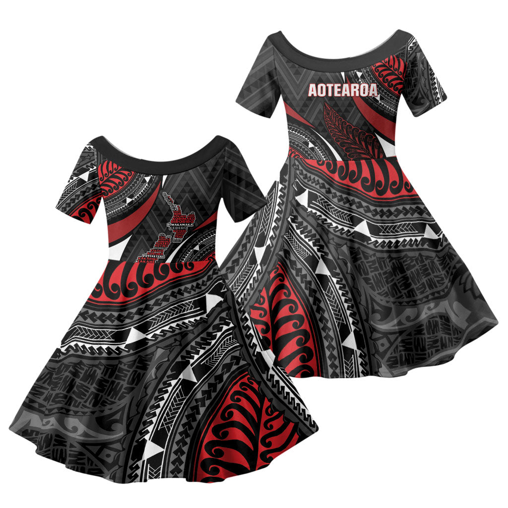 Aotearoa New Zealand Native Birds Map Family Matching Tank Maxi Dress and Hawaiian Shirt Silver Fern Tribal Pattern DT05 Daughter's Dress Red - Polynesian Pride