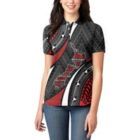 Aotearoa New Zealand Native Birds Map Women Polo Shirt Silver Fern Tribal Pattern