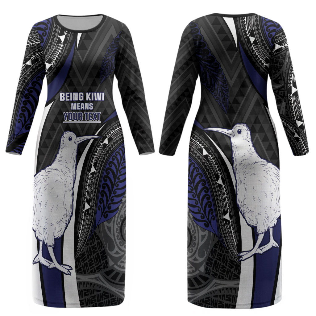 Personalised New Zealand Kiwi Couples Matching Long Sleeve Bodycon Dress and Hawaiian Shirt Silver Fern Tribal Pattern DT05 - Polynesian Pride