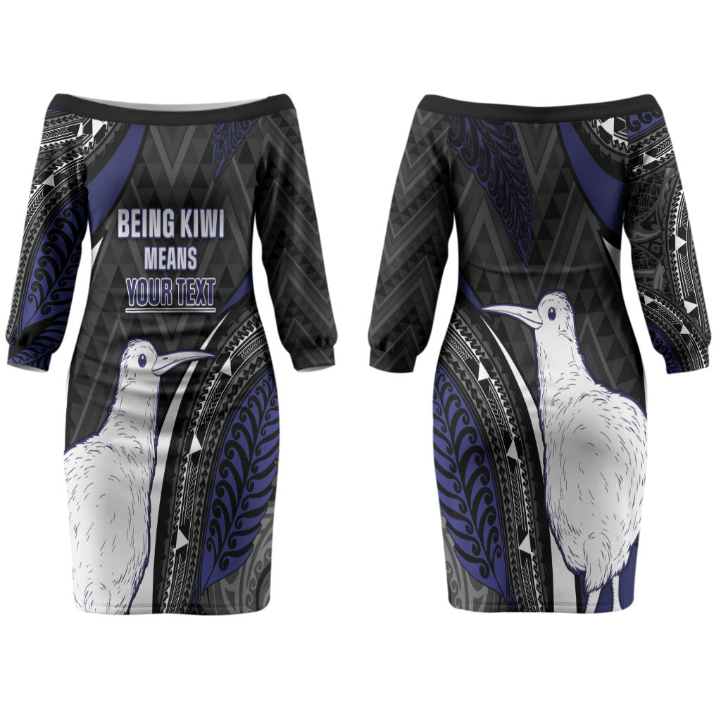 Personalised New Zealand Kiwi Couples Matching Off The Shoulder Long Sleeve Dress and Hawaiian Shirt Silver Fern Tribal Pattern DT05 - Polynesian Pride