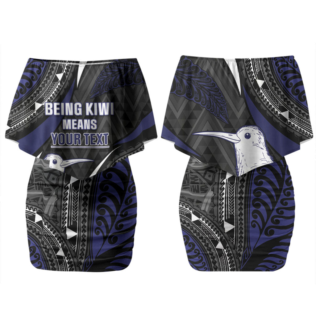 Personalised New Zealand Kiwi Family Matching Off Shoulder Short Dress and Hawaiian Shirt Silver Fern Tribal Pattern DT05 Mom's Dress Navy - Polynesian Pride
