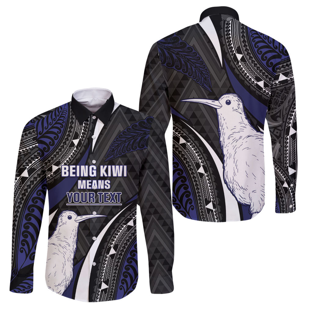 Personalised New Zealand Kiwi Family Matching Off Shoulder Short Dress and Hawaiian Shirt Silver Fern Tribal Pattern DT05 Dad's Shirt - Long Sleeve Navy - Polynesian Pride