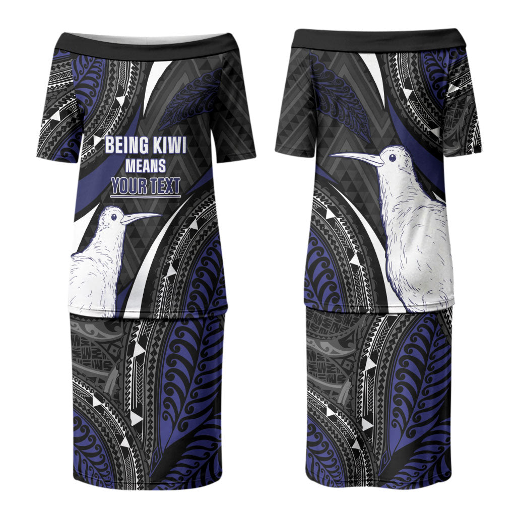 Personalised New Zealand Kiwi Family Matching Puletasi and Hawaiian Shirt Silver Fern Tribal Pattern DT05 Mom's Dress Navy - Polynesian Pride