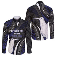 Personalised New Zealand Kiwi Family Matching Puletasi and Hawaiian Shirt Silver Fern Tribal Pattern DT05 Dad's Shirt - Long Sleeve Navy - Polynesian Pride