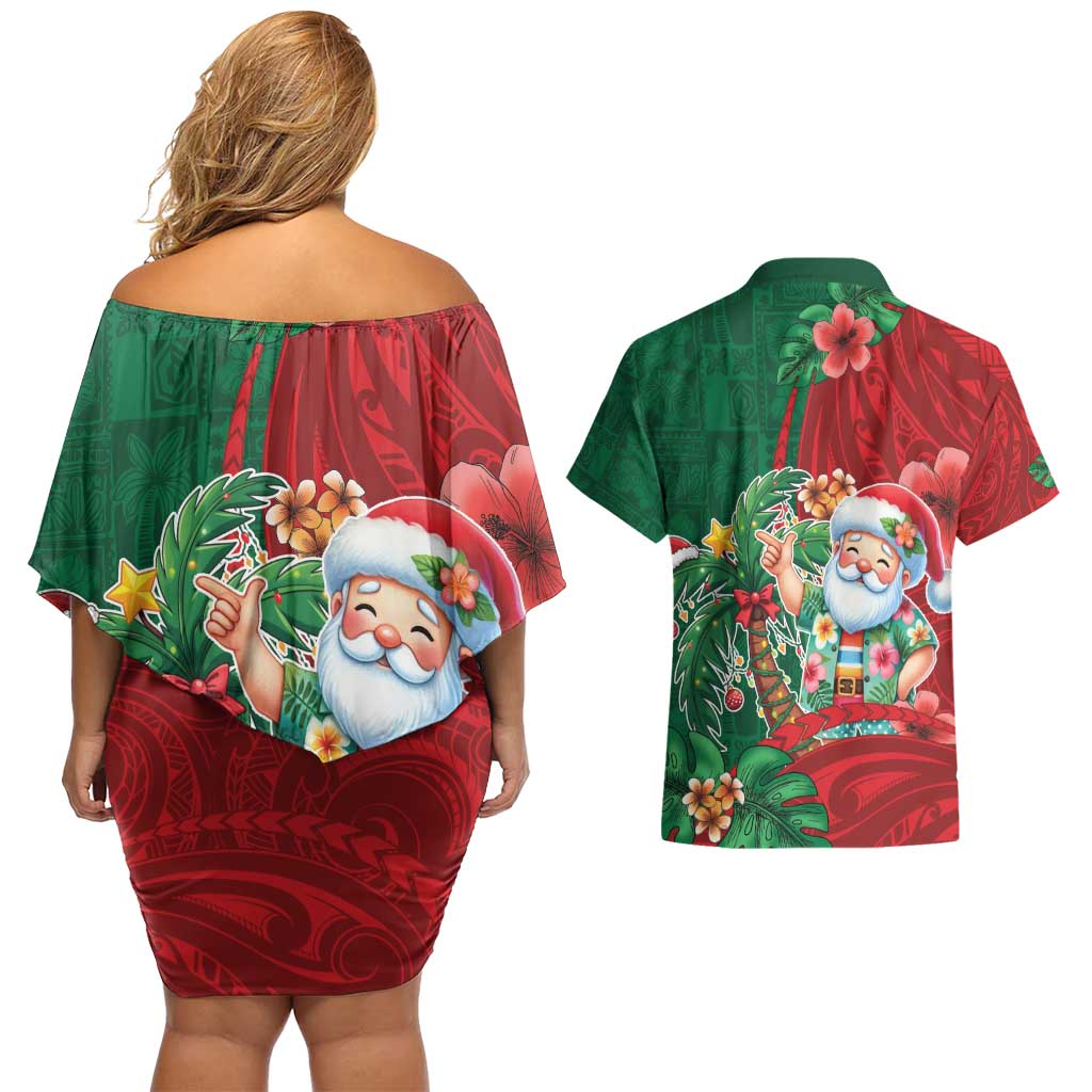 Hawaii Christmas Couples Matching Off Shoulder Short Dress and Hawaiian Shirt Mele Kalikimaka Funny Hawaiian Santa - Polynesian Pride