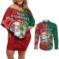 Hawaii Christmas Couples Matching Off Shoulder Short Dress and Long Sleeve Button Shirt Mele Kalikimaka Funny Hawaiian Santa - Polynesian Pride