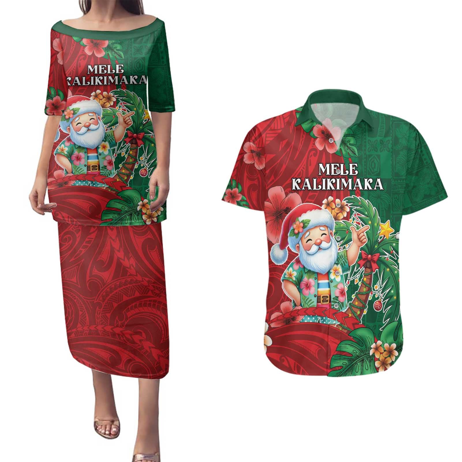 Hawaii Christmas Couples Matching Puletasi and Hawaiian Shirt Mele Kalikimaka Funny Hawaiian Santa - Polynesian Pride