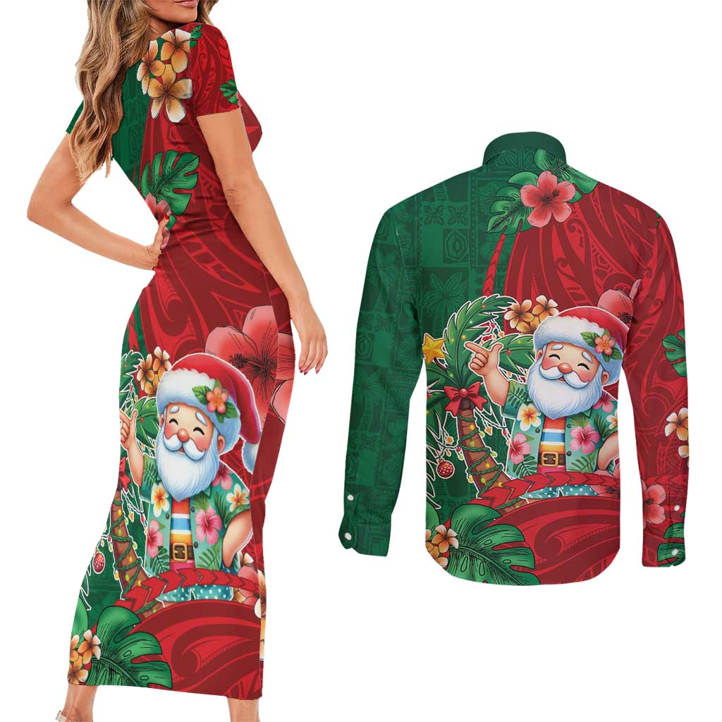 Hawaii Christmas Couples Matching Short Sleeve Bodycon Dress and Long Sleeve Button Shirt Mele Kalikimaka Funny Hawaiian Santa - Polynesian Pride