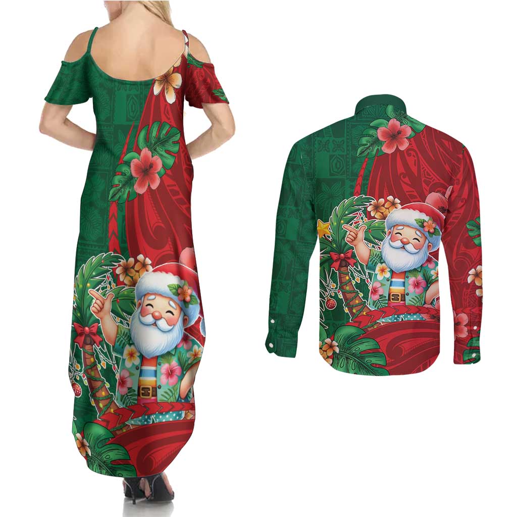 Hawaii Christmas Couples Matching Summer Maxi Dress and Long Sleeve Button Shirt Mele Kalikimaka Funny Hawaiian Santa - Polynesian Pride
