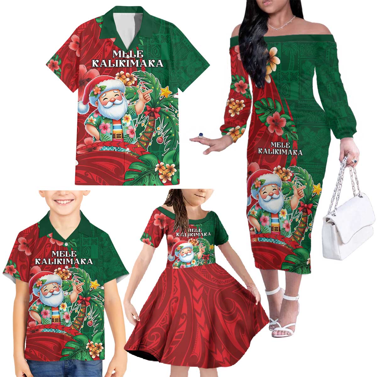Hawaii Christmas Family Matching Off The Shoulder Long Sleeve Dress and Hawaiian Shirt Mele Kalikimaka Funny Hawaiian Santa - Polynesian Pride