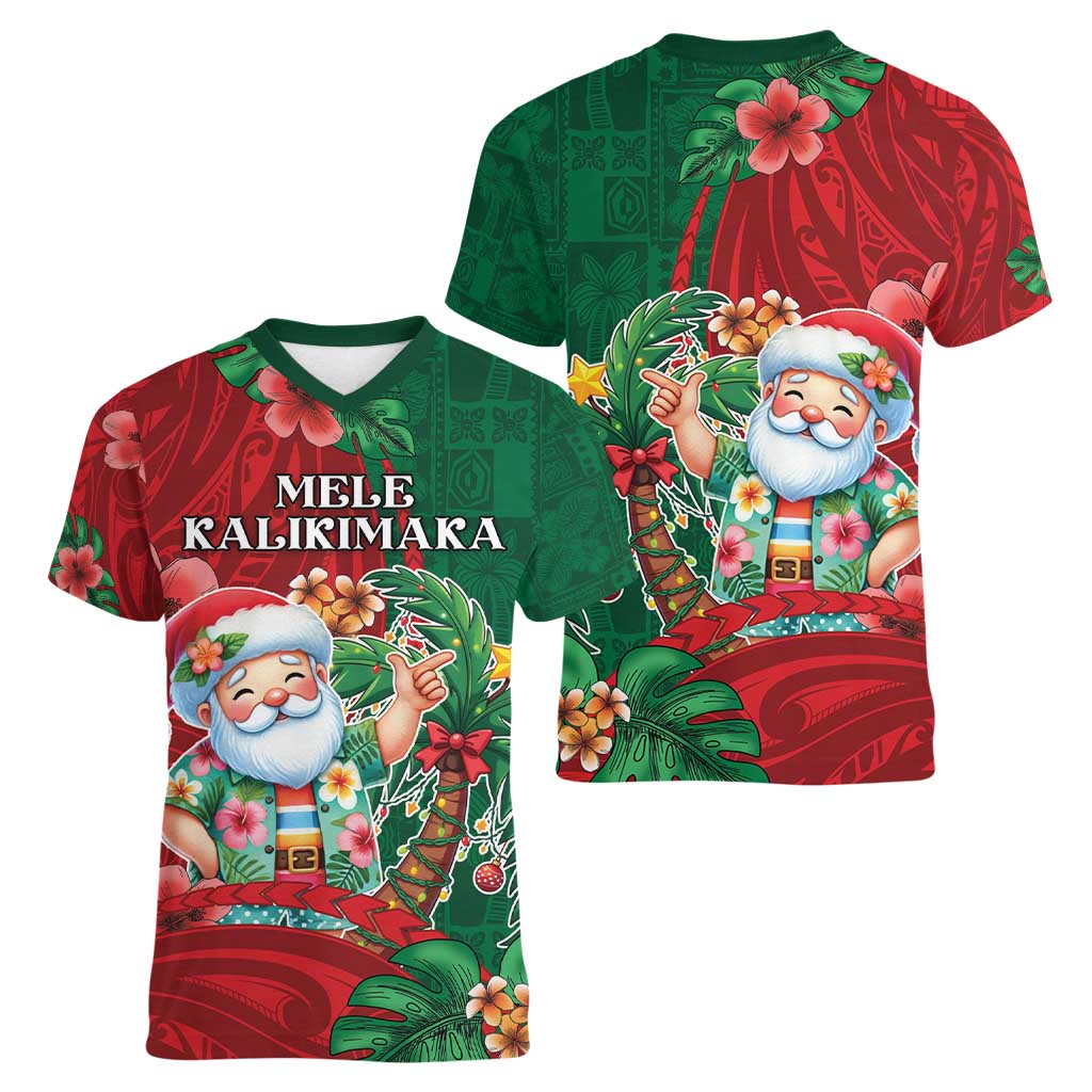 Hawaii Christmas Women V-Neck T-Shirt Mele Kalikimaka Funny Hawaiian Santa - Polynesian Pride
