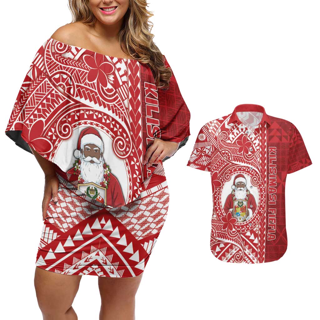 Tonga Christmas Couples Matching Off Shoulder Short Dress and Hawaiian Shirt Kilisimasi Fiefia - Polynesian Pride