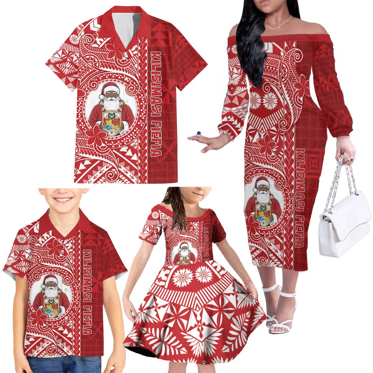 Tonga Christmas Family Matching Off The Shoulder Long Sleeve Dress and Hawaiian Shirt Kilisimasi Fiefia - Polynesian Pride