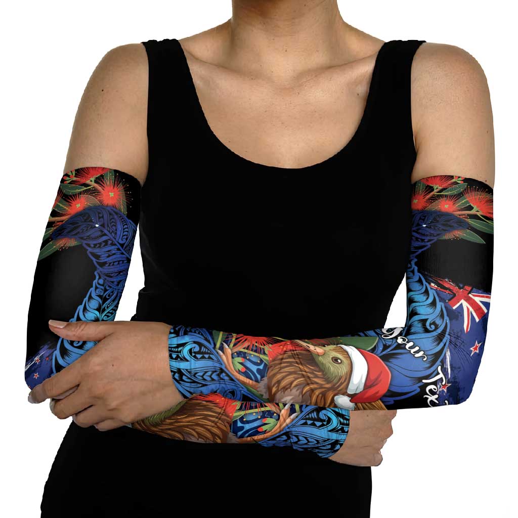 Personalised New Zealand Christmas Arm Sleeves Santa Kiwi Bird With Pohutukawa Flowers - Polynesian Pride
