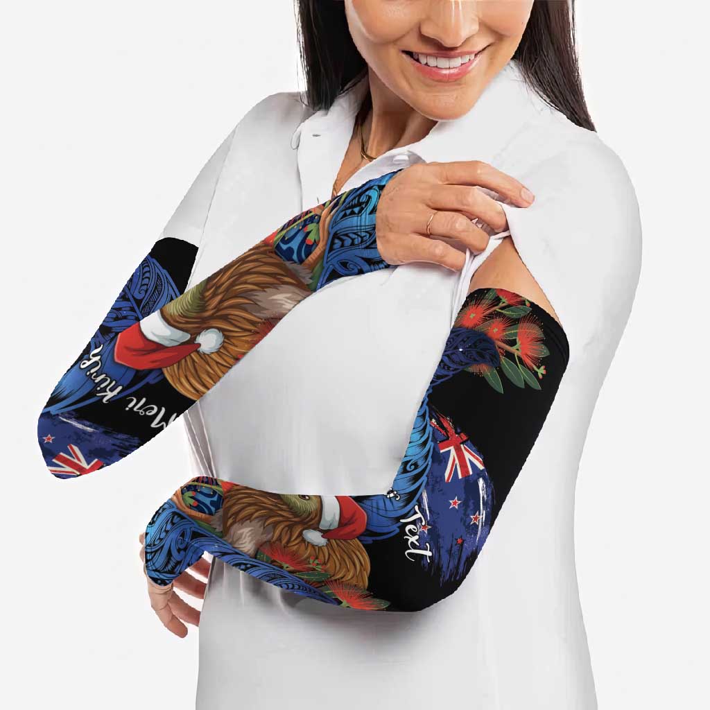 Personalised New Zealand Christmas Arm Sleeves Santa Kiwi Bird With Pohutukawa Flowers - Polynesian Pride