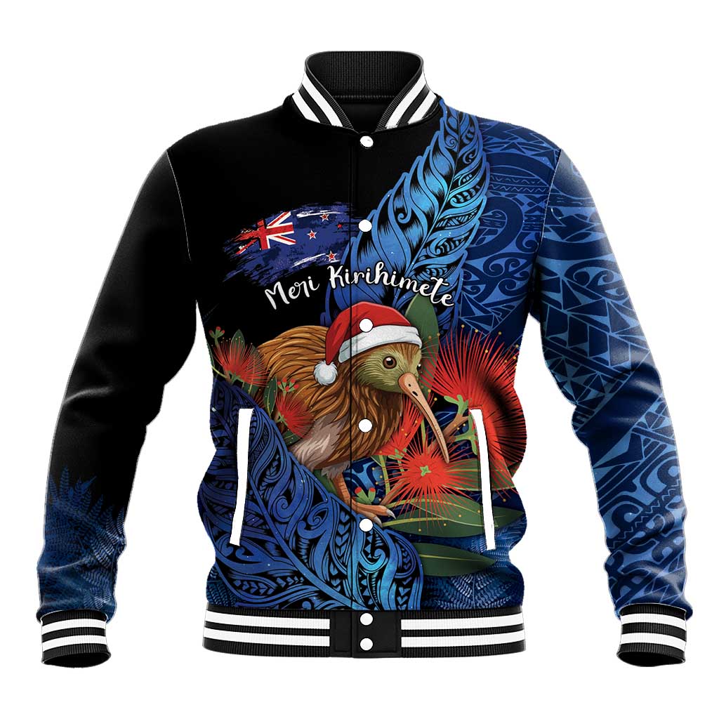 Personalised New Zealand Christmas Baseball Jacket Santa Kiwi Bird With Pohutukawa Flowers - Polynesian Pride