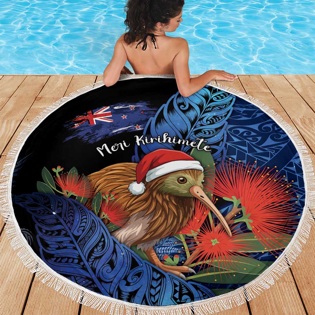 New Zealand Christmas Beach Blanket Santa Kiwi Bird With Pohutukawa Flowers - Polynesian Pride