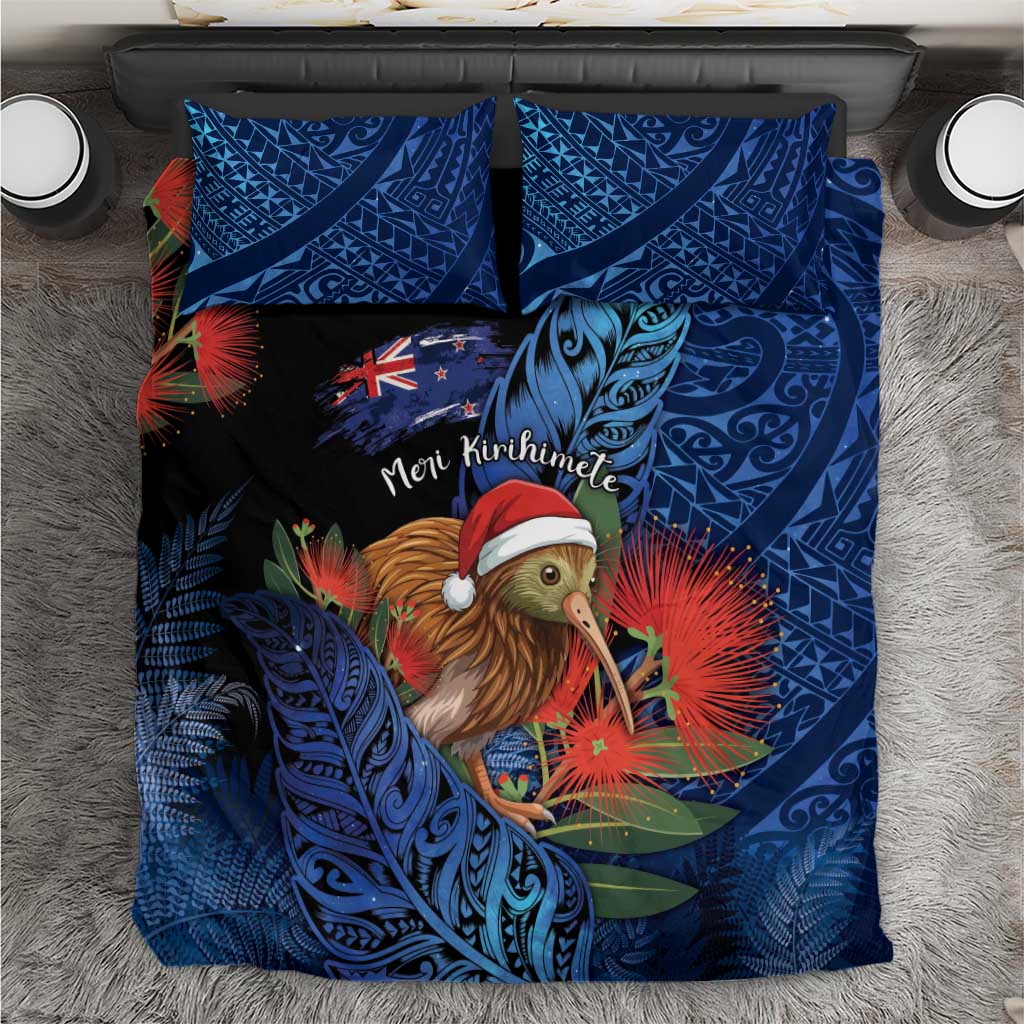 New Zealand Christmas Bedding Set Santa Kiwi Bird With Pohutukawa Flowers - Polynesian Pride