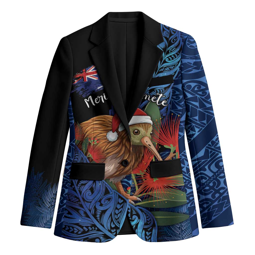 Personalised New Zealand Christmas Blazer Santa Kiwi Bird With Pohutukawa Flowers - Polynesian Pride