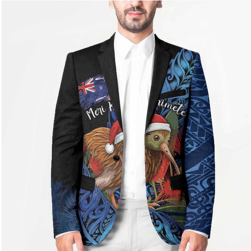Personalised New Zealand Christmas Blazer Santa Kiwi Bird With Pohutukawa Flowers - Polynesian Pride