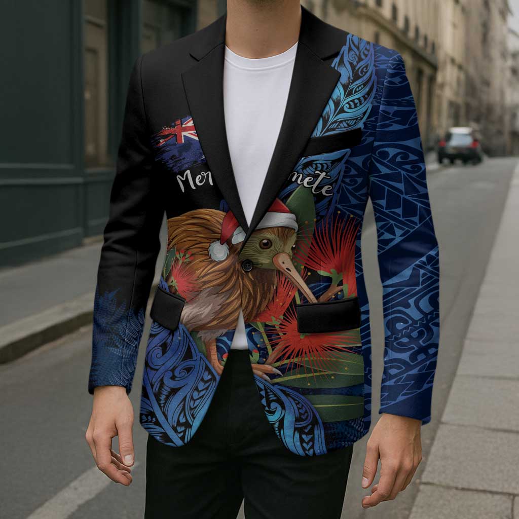 Personalised New Zealand Christmas Blazer Santa Kiwi Bird With Pohutukawa Flowers - Polynesian Pride