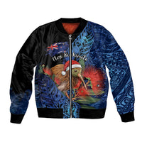 Personalised New Zealand Christmas Bomber Jacket Santa Kiwi Bird With Pohutukawa Flowers - Polynesian Pride