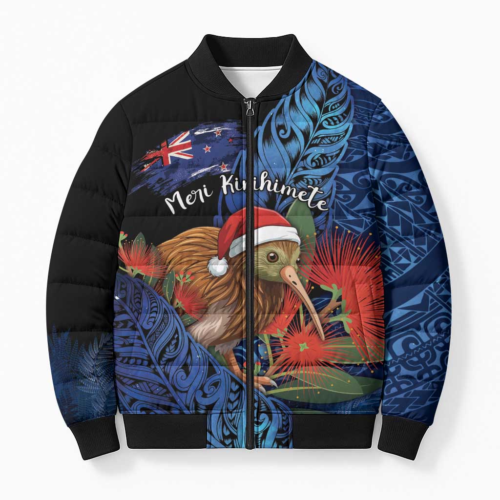 Personalised New Zealand Christmas Bomber Puffer Jacket Santa Kiwi Bird With Pohutukawa Flowers - Polynesian Pride