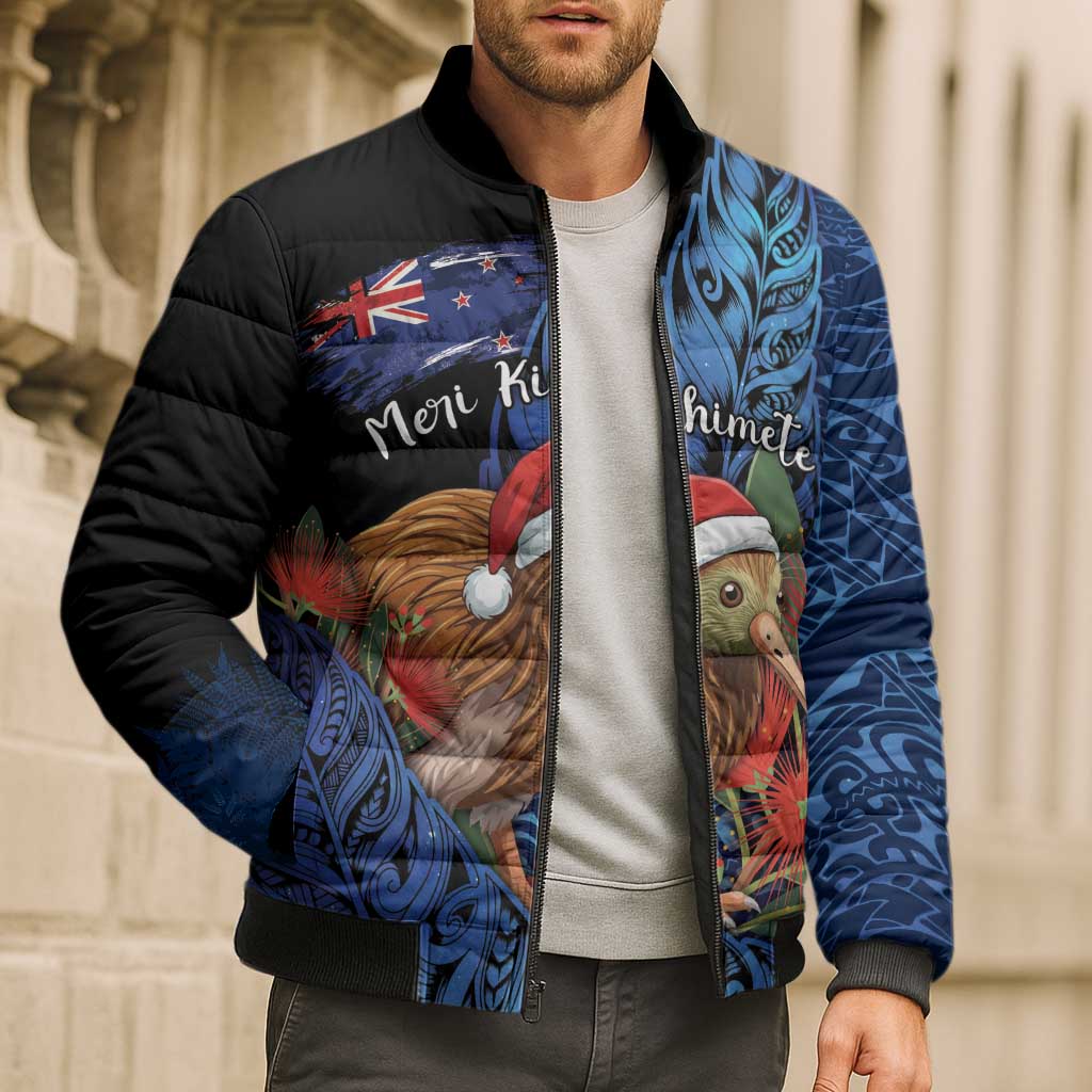 Personalised New Zealand Christmas Bomber Puffer Jacket Santa Kiwi Bird With Pohutukawa Flowers - Polynesian Pride