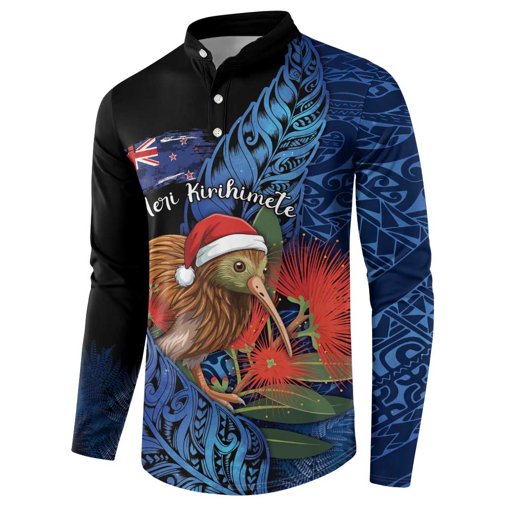 Personalised New Zealand Christmas Button Sweatshirt Santa Kiwi Bird With Pohutukawa Flowers - Polynesian Pride