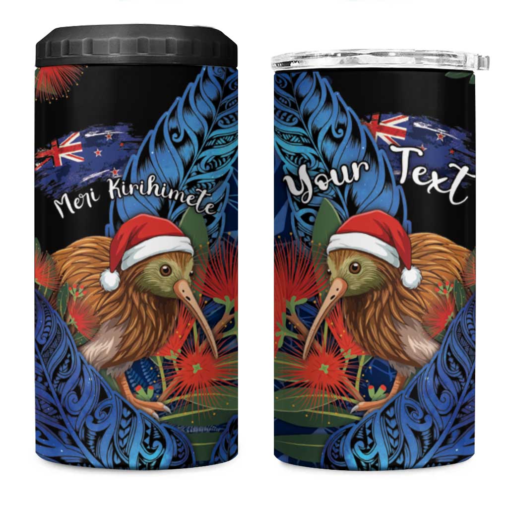 Personalised New Zealand Christmas 4 in 1 Can Cooler Tumbler Santa Kiwi Bird With Pohutukawa Flowers - Polynesian Pride
