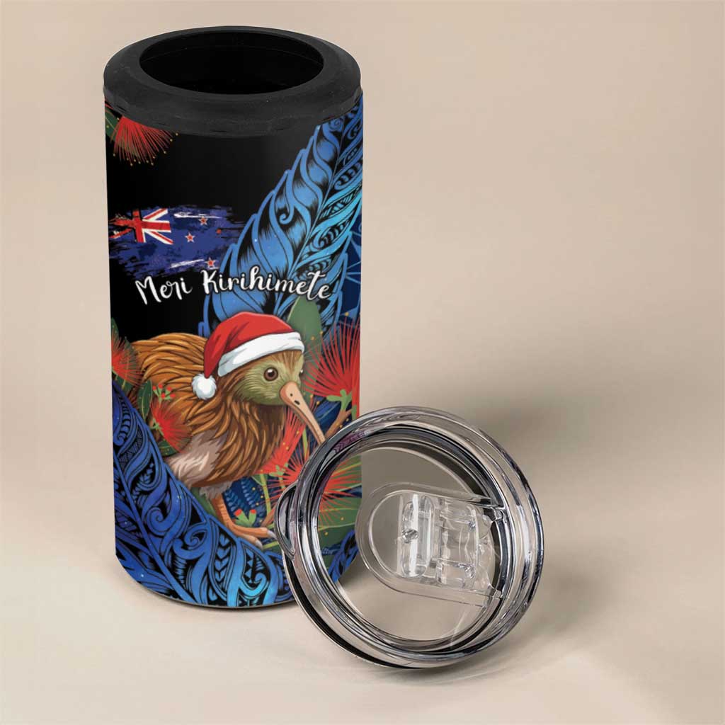 Personalised New Zealand Christmas 4 in 1 Can Cooler Tumbler Santa Kiwi Bird With Pohutukawa Flowers - Polynesian Pride