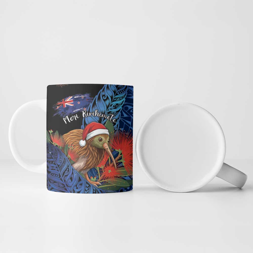Personalised New Zealand Christmas Ceramic Mug Santa Kiwi Bird With Pohutukawa Flowers - Polynesian Pride