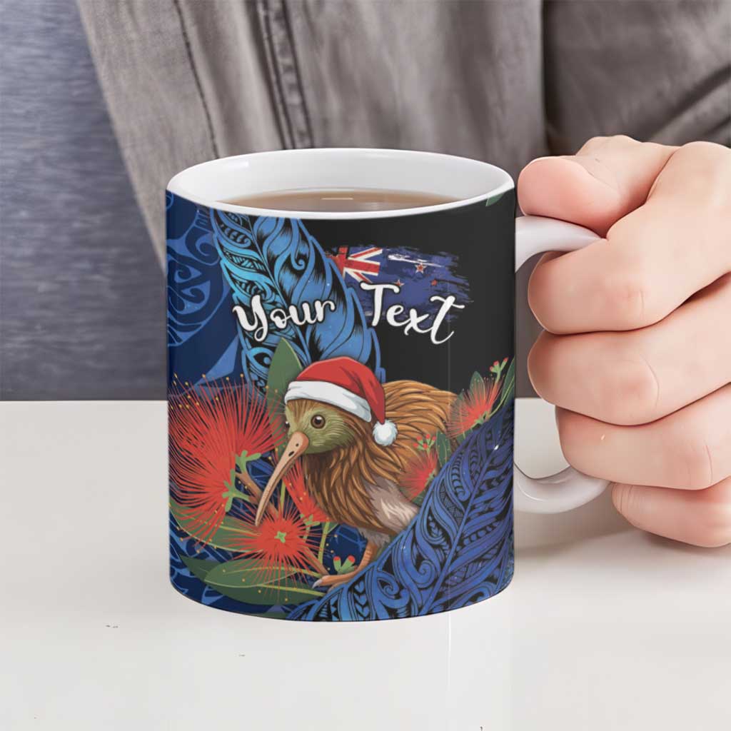 Personalised New Zealand Christmas Ceramic Mug Santa Kiwi Bird With Pohutukawa Flowers - Polynesian Pride