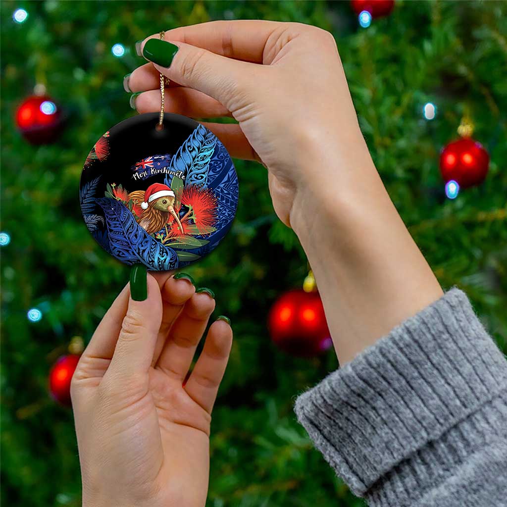 Personalised New Zealand Christmas Ceramic Ornament Santa Kiwi Bird With Pohutukawa Flowers - Polynesian Pride