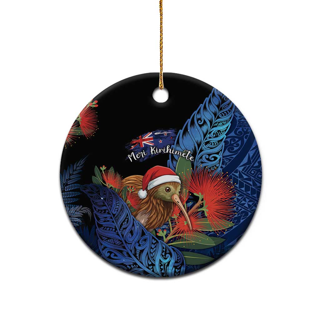 Personalised New Zealand Christmas Ceramic Ornament Santa Kiwi Bird With Pohutukawa Flowers - Polynesian Pride