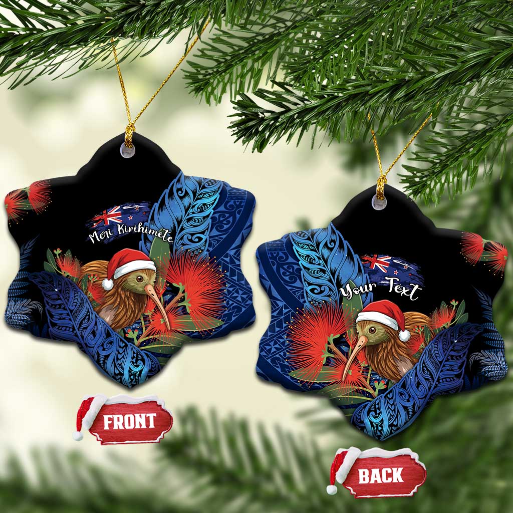 Personalised New Zealand Christmas Ceramic Ornament Santa Kiwi Bird With Pohutukawa Flowers - Polynesian Pride