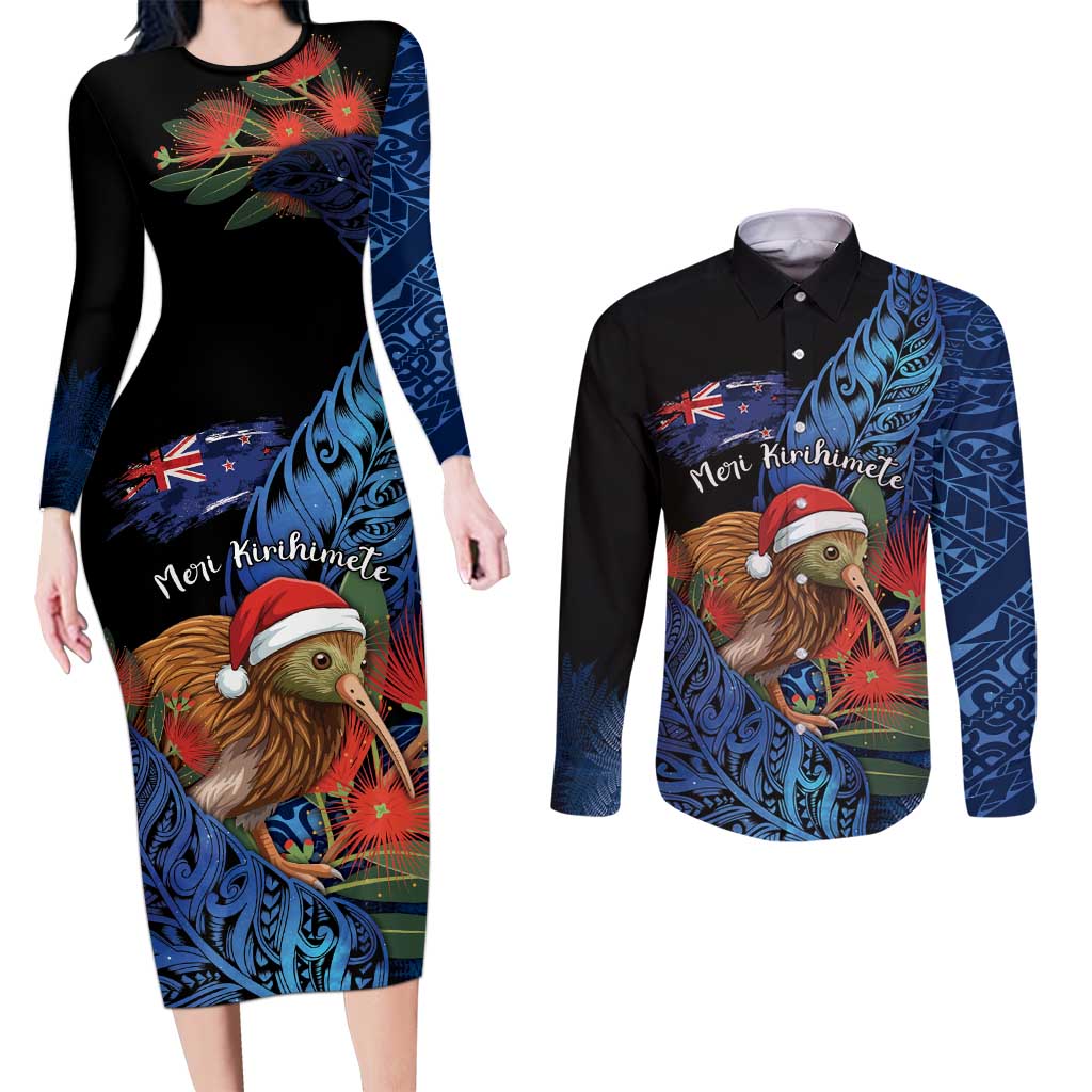 Personalised New Zealand Christmas Couples Matching Long Sleeve Bodycon Dress and Long Sleeve Button Shirt Santa Kiwi Bird With Pohutukawa Flowers - Polynesian Pride