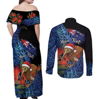 Personalised New Zealand Christmas Couples Matching Off Shoulder Maxi Dress and Long Sleeve Button Shirt Santa Kiwi Bird With Pohutukawa Flowers - Polynesian Pride