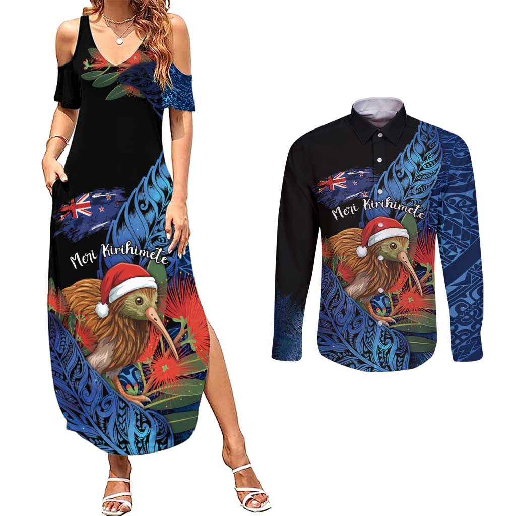 Personalised New Zealand Christmas Couples Matching Summer Maxi Dress and Long Sleeve Button Shirt Santa Kiwi Bird With Pohutukawa Flowers - Polynesian Pride
