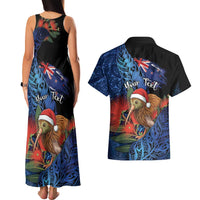 Personalised New Zealand Christmas Couples Matching Tank Maxi Dress and Hawaiian Shirt Santa Kiwi Bird With Pohutukawa Flowers - Polynesian Pride