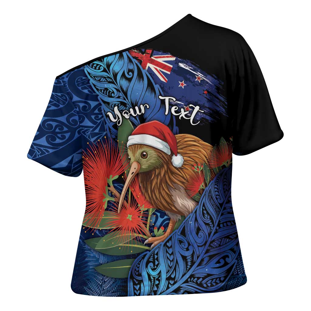 Personalised New Zealand Christmas Cross Shoulder Shirt Santa Kiwi Bird With Pohutukawa Flowers - Polynesian Pride