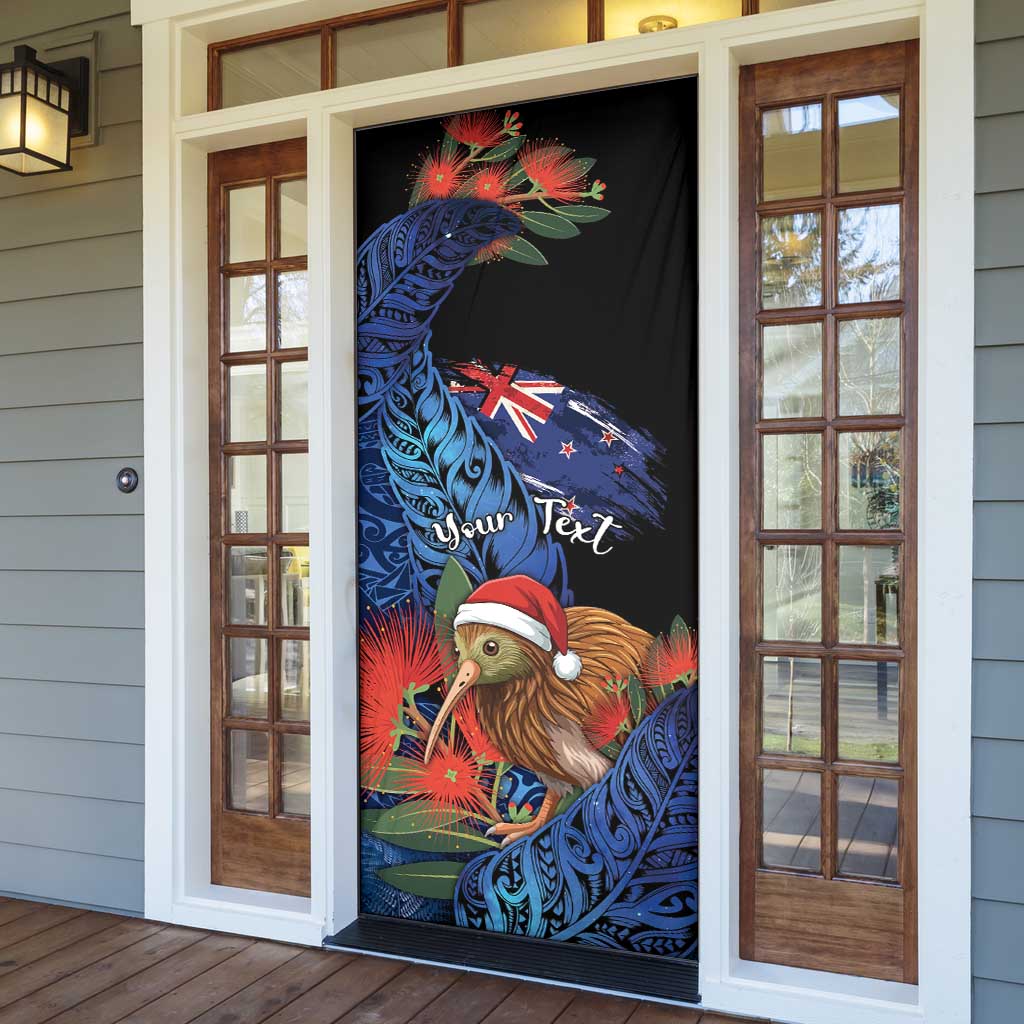 Personalised New Zealand Christmas Door Cover Santa Kiwi Bird With Pohutukawa Flowers - Polynesian Pride