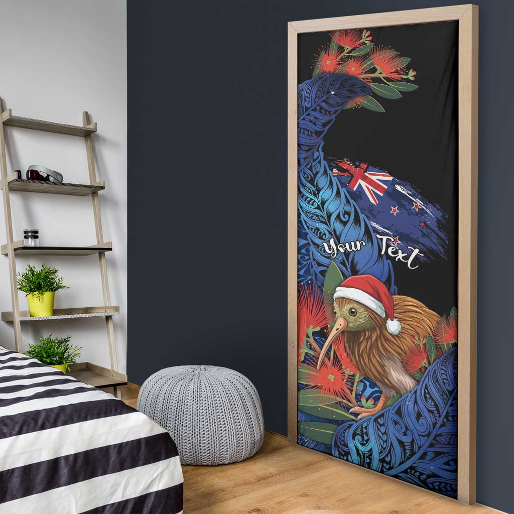 Personalised New Zealand Christmas Door Cover Santa Kiwi Bird With Pohutukawa Flowers - Polynesian Pride
