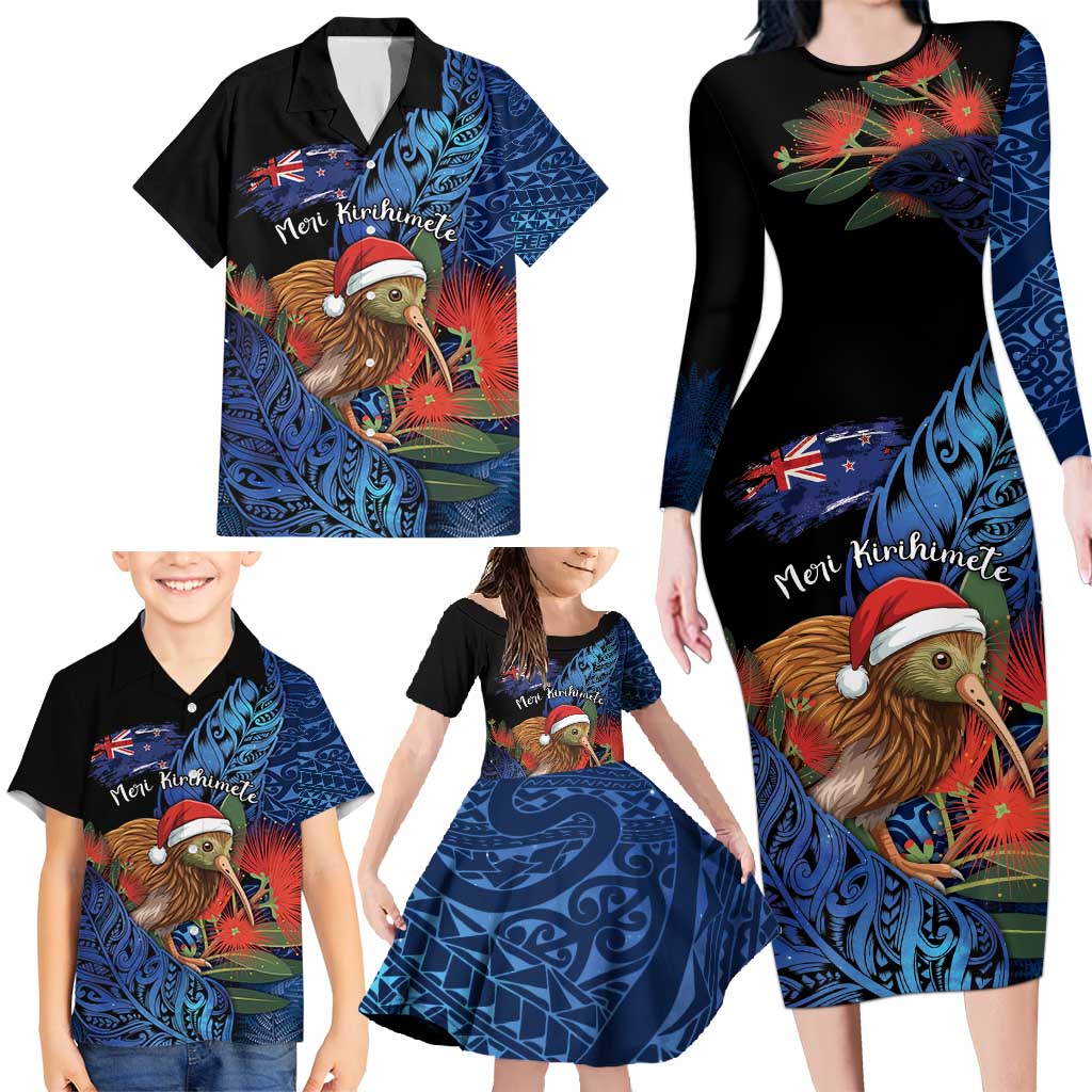Personalised New Zealand Christmas Family Matching Long Sleeve Bodycon Dress and Hawaiian Shirt Santa Kiwi Bird With Pohutukawa Flowers - Polynesian Pride
