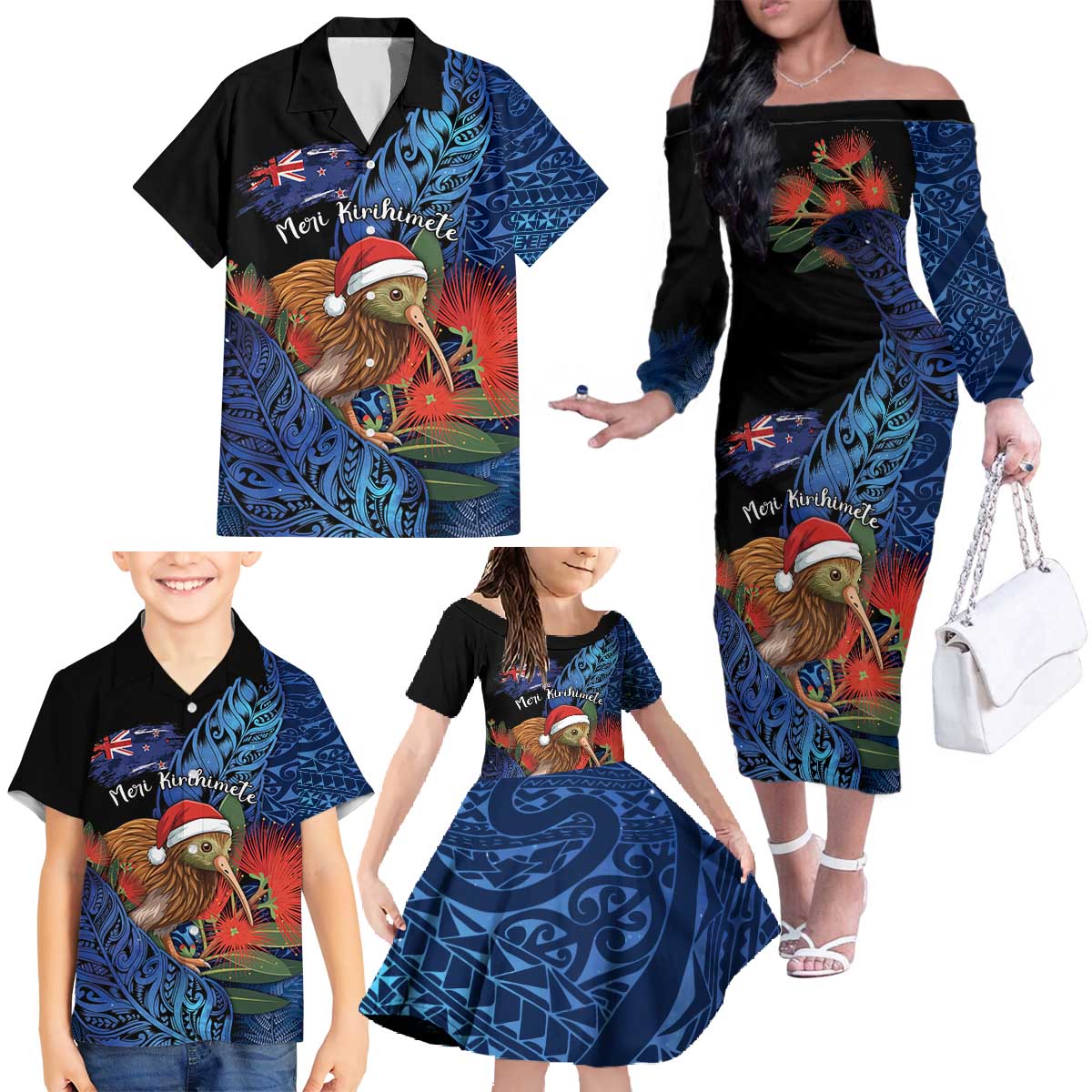 Personalised New Zealand Christmas Family Matching Off The Shoulder Long Sleeve Dress and Hawaiian Shirt Santa Kiwi Bird With Pohutukawa Flowers - Polynesian Pride