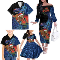Personalised New Zealand Christmas Family Matching Off The Shoulder Long Sleeve Dress and Hawaiian Shirt Santa Kiwi Bird With Pohutukawa Flowers - Polynesian Pride